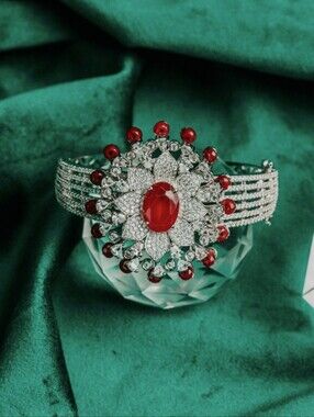 Ruby Crystal Floral Statement Bracelet - Women Jewelry